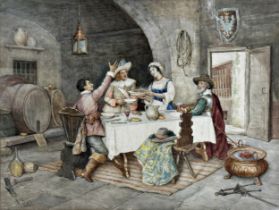 Achille Buzzi (Italian 19th century) - Interior tavern dining scene, signed, watercolour, 52 x 69cm,