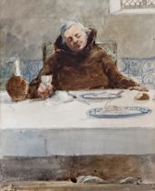 Early 20th century school - Monk at Dinner, indistinctly signed, watercolour, 19 x 15cm, framed