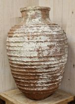Good large 19th century terracotta jar with distressed painted finish and pressed banded detail, H