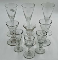 Collection of eight various antique glasses to include wine and cordial and sherry, the largest 16cm