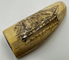 American scrimshaw engraved with a ship and inscribed 'Hull Whaleship Rose', 15cm long