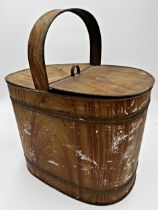 19th century toleware bucket, with twin hinged door lid and woodgrain painted finish, 44cm high x