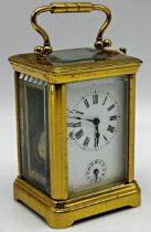 Late 19th century half size carriage clock, A lever escapement and subsidiary alarm dial with bell