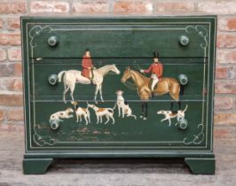 20th century painted pine chest of drawers with hunting scenes and three long drawers, H 75cm x W