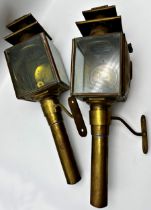 Pair of antique brass carriage lamps by Limehouse Lamp Co, 48cm high (2)