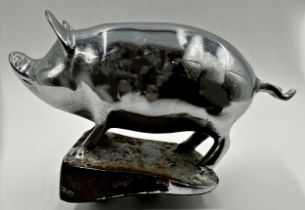 Good Art Deco chrome car mascot in the form of a standing pig, 17cm long