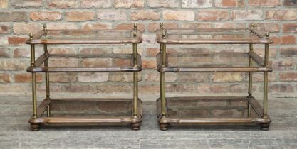 Pair of three tier serpentine side tables with gilt pineapple finials and burr wood veneer finish, H