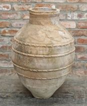 Terracotta jar with pressed bands and incised string detail, H 77cm x W 45cm x Diameter of top 20cm