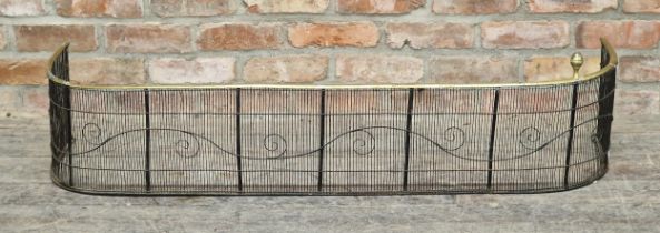 Antique brass and wirework fire fender with scrolled detail, H 26cm x W 133cm x D 38cm