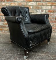Good antique leather studded button back club chair, 79cm H x 81cm W