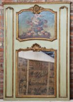 Good quality French Trumeau mirror, with painted bouquet of roses and gilt framing on a green