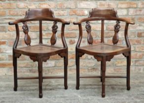 Pair of Chinese hardwood corner chairs, H 84cm x W 61cm x D 54cm (2)