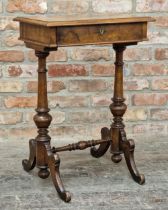 19th century burr walnut work table with fitted segmented interior, raised on turned legs with