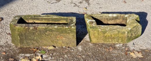 Two small weathered natural stone troughs, H 15cm x W 47cm x D 25cm, H 15cm x W 41cm x D 26cm (2)
