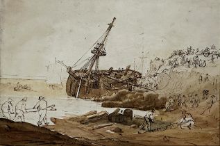 Thomas Rowlandson (1756-1827) - Marine scene with figures swarming a shipwreck, unsigned, brown wash