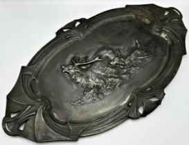 WMF pewter tray embossed with a stag hunting scene, 25 x 59cm