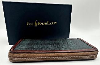 Ralph Lauren tartan print zip around leather / canvas large purse with interior zip pocket, multiple