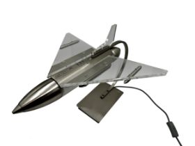 Great novelty desk lamp in the form of a fighter jet aeroplane, stainless steel frame and Lucite