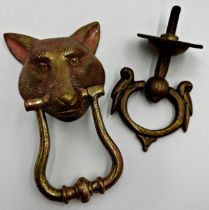 Cast brass fox head door knocker, 21cm high with a further antique brass knocker (2)