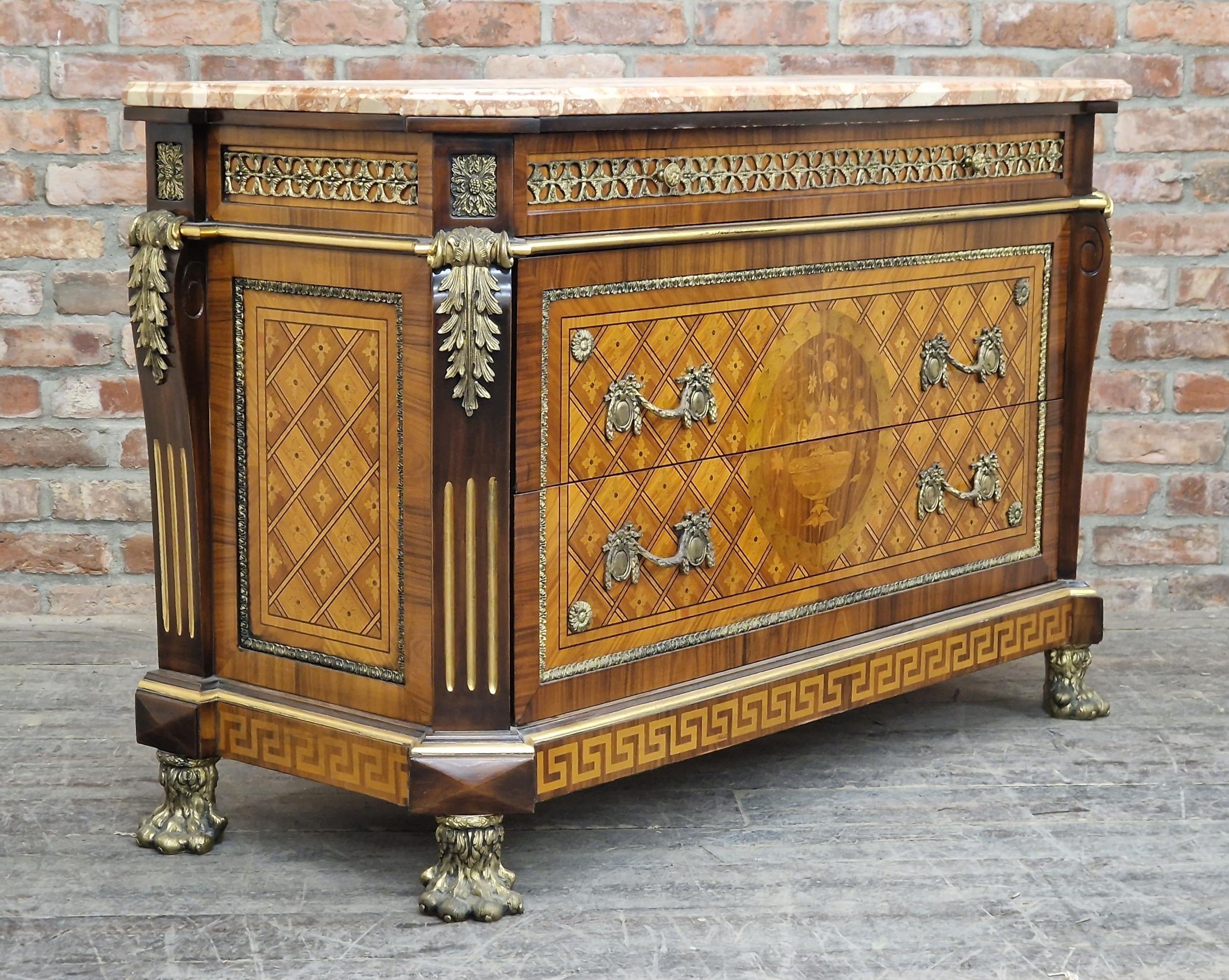 French Louis XVI style kingwood marquetry marble topped commode, three drawers with applied gilt