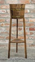 Lister and Co of Dursley antique oak coopered jardinière stand on tripod base, H 91cm x W 26cm
