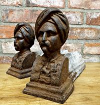 Interesting pair of cast iron fire dogs with Sikh gentleman bust mounts, 33cm long (2)