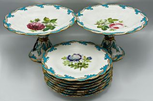 Good quality Victorian porcelain desert service painted with a floral spray with turquoise and