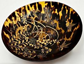 Good quality tortoiseshell pedestal bowl with gilt overlay of bugs and butterflies amidst foliage,