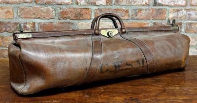 1920s English leather Gladstone type cricket bag, with original lining, 90cm L x 30cm H