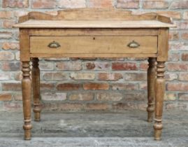 Antique pine side table with three quarter gallery, single frieze drawer, raised on turned legs, H