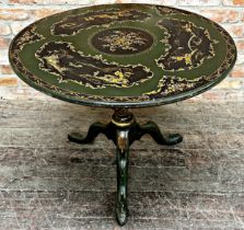 19th century bird cage tilt top tripod table with lacquered chinoiserie detail, H 71cm x W 91cm