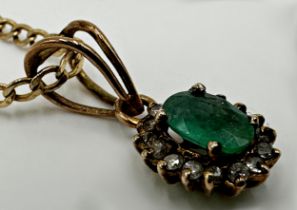 9ct emerald and diamond pendant, emerald 0.7ct approx, on a 9ct chain, 2.1g