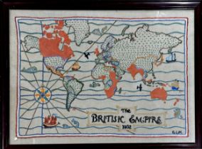 'The British Empire 1932' woolwork tapestry map of the world, 39 x 54cm, framed