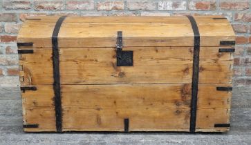 Large vintage metal bound pine dome top trunk with twin carry handles and rising lid, H 70cm x W