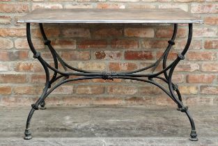 Good quality zinc topped wrought iron table, H 77cm x W 109cm x D 81cm