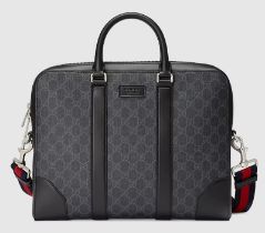 Gucci monogrammed black/grey GG brief case featuring blue/red Web strap, black leather trims,