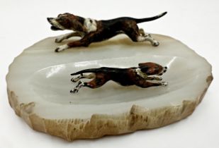 Austrian cold painted bronze figure of a dashing foxhound mounted to an onyx pin tray, 16cm long