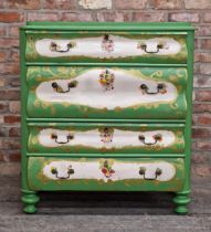 Painted chest of four drawers with turned front legs, H 109cm x W 99cm x D 50cm