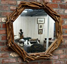 20th century hexagonal mirror constructed from twigs, H 90cm x W 90cm x D 10cm