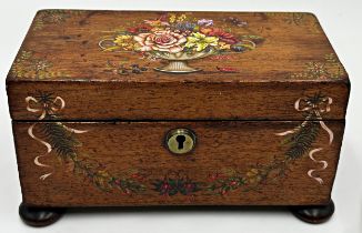 Exceptional quality Georgian mahogany caddy, the box hand painted with bouquets of flowers,