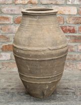 Terracotta jar with applied banded detail, H 66cm x W 34cm x Diameter of top 19cm