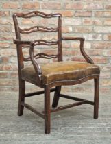 Georgian style mahogany ladderback armchair with studded leather upholstery, H 97cm x W 64cm x D