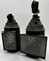 Matched pair of 19th century pierced sheet metal storm lanterns, conical form, 28cm high approx