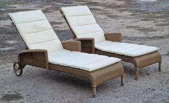 Pair of Vincent Sheppard Lloyd Loom type sun loungers with adjustable backs, complete with cushions,
