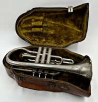 Antique silver plate trumpet within a good wooden case 20 x 35cm