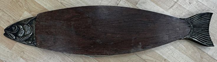 Early 20th century cast iron and Indian rosewood fish platter board, 98cm long