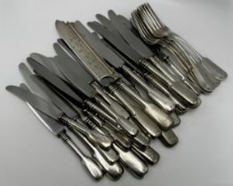 Collection of Austrian 800 silver fiddle flatware comprising eight table forks, twelve table knives,