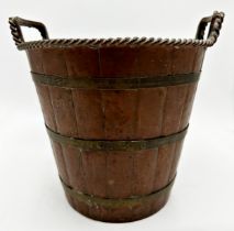 Good quality 19th century hammered copper twin handled pail, with brass coopering bands, 26cm high x