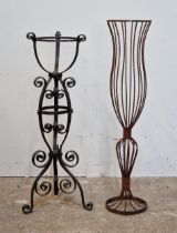 Wrought iron jardinière stand with scrolled detail H 89cm, together with a further wire work