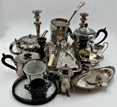 Collection of good silver plate to include inkstand, bottle coaster, candlesticks, stilton scoop,